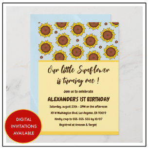 Sunflower 1st birthday invitations cute modern