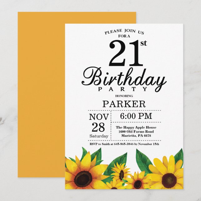 Sunflower 21st Birthday Invitation (Front/Back)