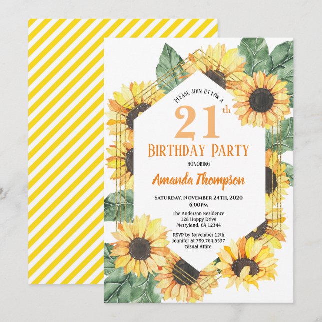 Sunflower 21st Birthday Party Celebration Women Invitation (Front/Back)