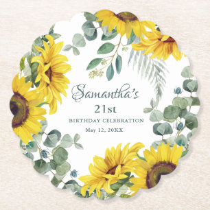 Sunflower 21st Birthday Party Paper Coaster