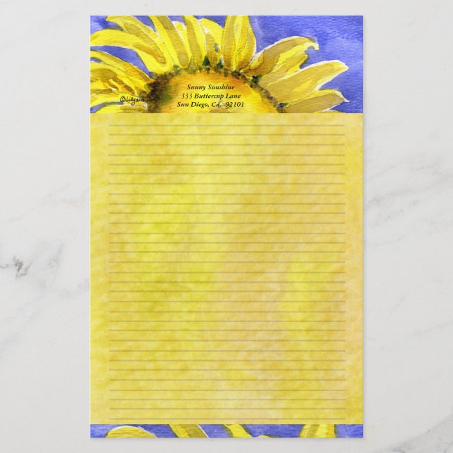 Sunflower 2 Watercolor Personalized Stationary Stationery (Front)