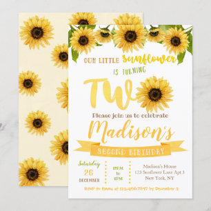 Sunflower 2nd Birthday Party Invitations