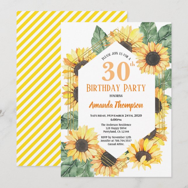Sunflower 30th Birthday Party Celebration Women Invitation (Front/Back)