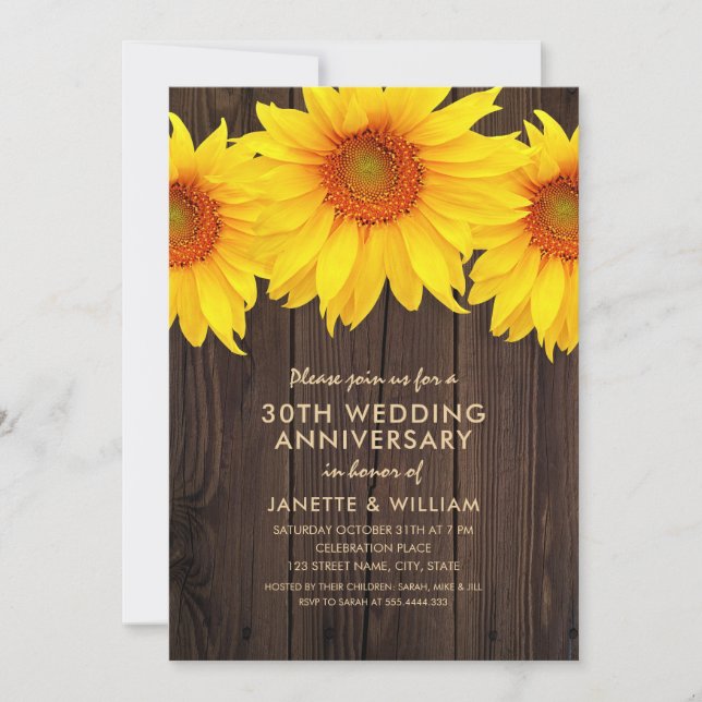 Sunflower 30th Wedding Anniversary Rustic Wood Invitation (Front)