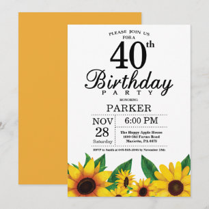Sunflower 40th Birthday Invitation