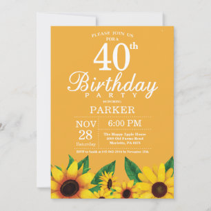 Sunflower 40th Birthday Invitation