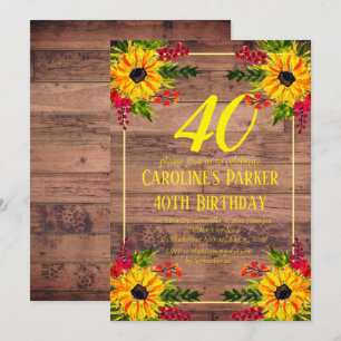 Sunflower 40th Birthday Wood Floral Adult Invitation