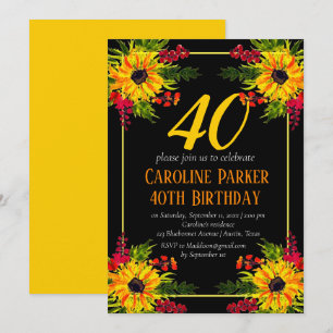 Sunflower 40th Birthday Yellow Floral Adult Invitation
