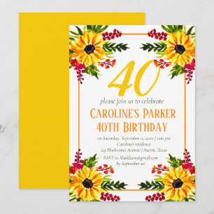 Sunflower 40th Birthday Yellow Floral Adult Invitation
