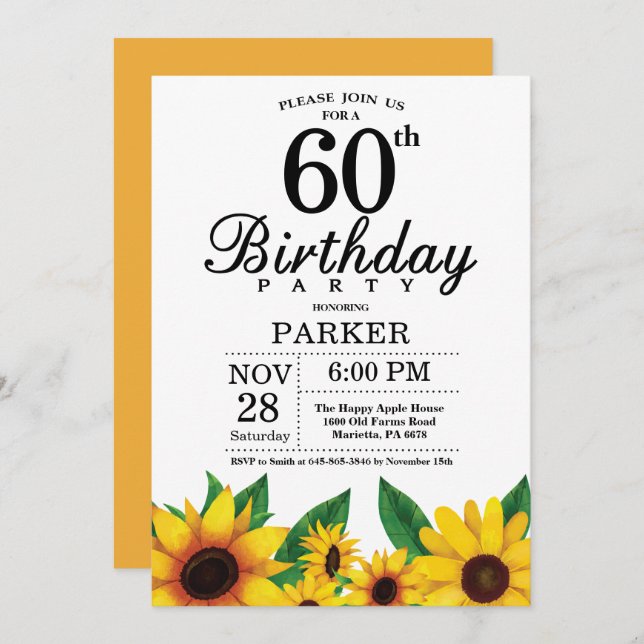 Sunflower 60th Birthday Invitation (Front/Back)