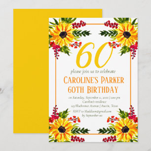 Sunflower 60th Birthday Yellow Floral Adult Invitation