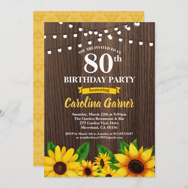 Sunflower 80th birthday invitation. Any age Invitation (Front/Back)
