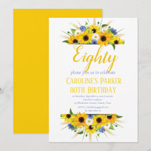 Sunflower 80th Birthday Yellow Floral Adult Invitation