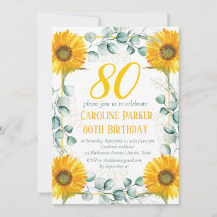 Sunflower 80th Birthday Yellow Floral Eucalyptus Invitation