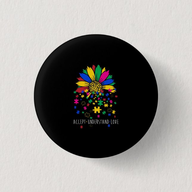 Sunflower Accept Understand Love World Autism Awar 1 Inch Round Button (Front)