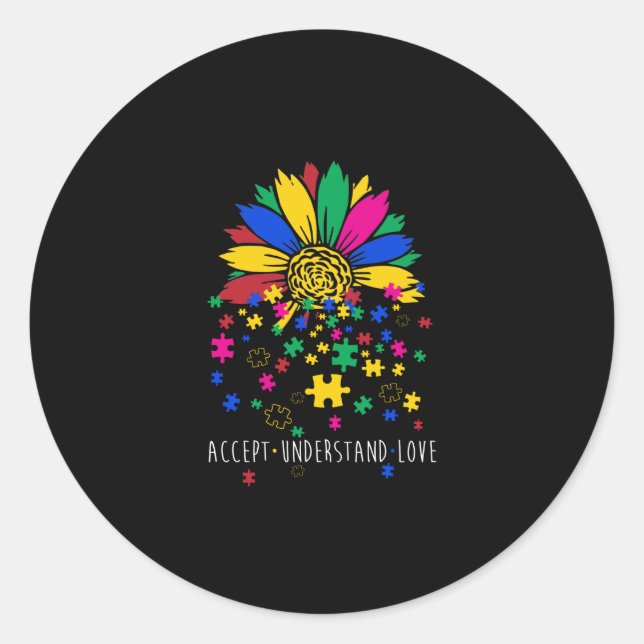 Sunflower Accept Understand Love World Autism Awar Classic Round Sticker (Front)