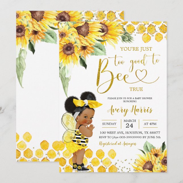 Sunflower Afro Too good to Bee True Baby Shower Invitation (Front/Back)