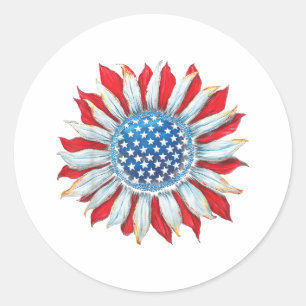 Sunflower American Flag 4th of July Women Men Meri Classic Round Sticker