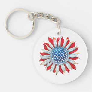 Sunflower American Flag 4th of July Women Men Meri Keychain