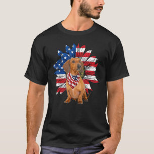Sunflower American Flag Red Dachshund 4th Of July  T-Shirt