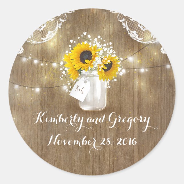 Sunflower and Baby's Breath Rustic Mason Jar Classic Round Sticker (Front)