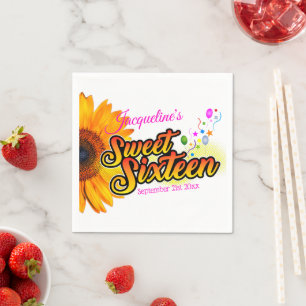 Sunflower and Balloons on White Sweet Sixteen Napkin