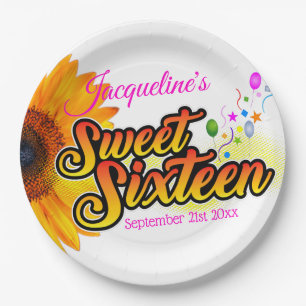 Sunflower and Balloons on White Sweet Sixteen Paper Plate