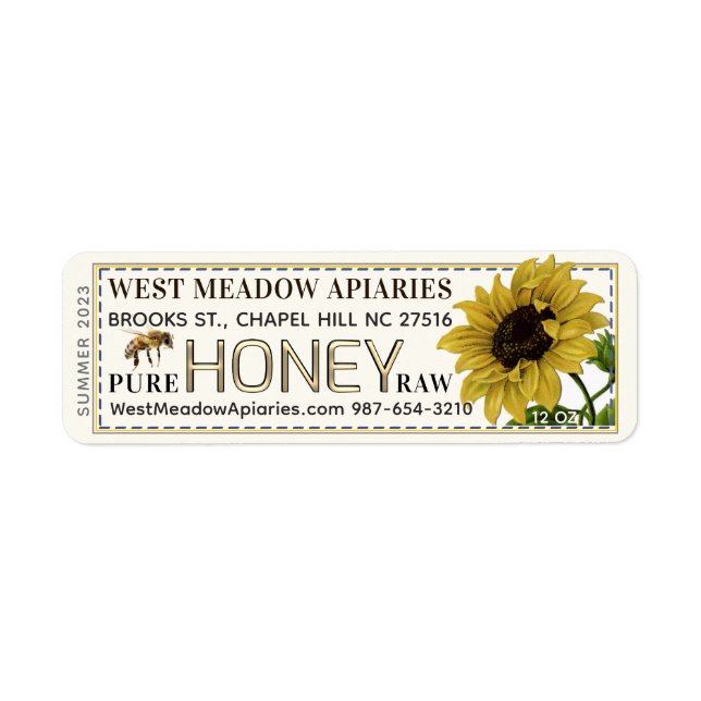 Sunflower and Bee Honey Label Dashed Border (Front)