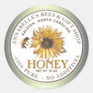 Sunflower and Bee Honey Label Green Border