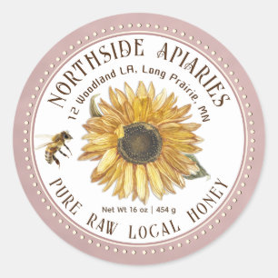 Sunflower and Bee Honey Label Pink Dotted Border  