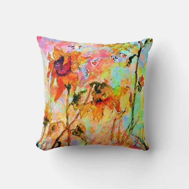 Sunflower and Bees Colourful Art Watercolor Throw Pillow (Front)