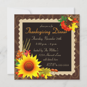 Sunflower and Bird Brown Thanksgiving Invitation