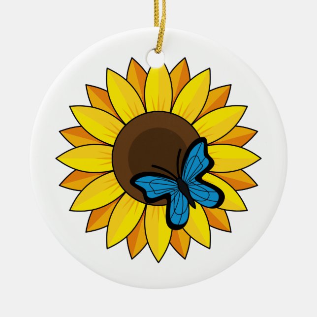 Sunflower and Blue Butterfly Ceramic Ornament (Front)