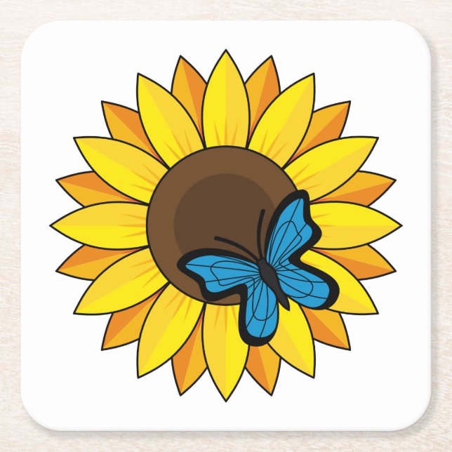 Sunflower and Blue Butterfly Square Paper Coaster (Front)
