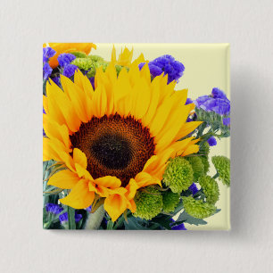 Sunflower and Blue Statice 2 Inch Square Button