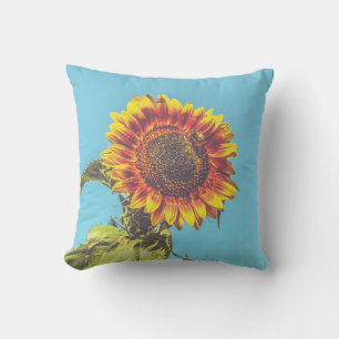Sunflower and Bumblebee Yellow and Blue Cotton Throw Pillow