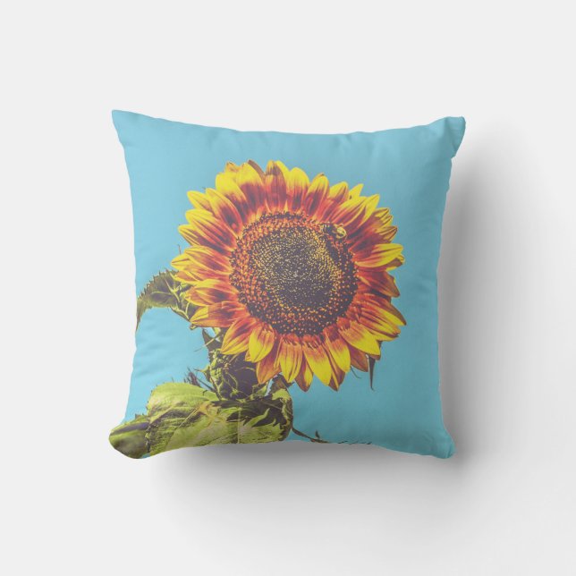 Sunflower and Bumblebee Yellow and Blue Cotton Throw Pillow (Front)