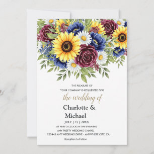 Sunflower and Burgundy Floral Wedding Invitation 