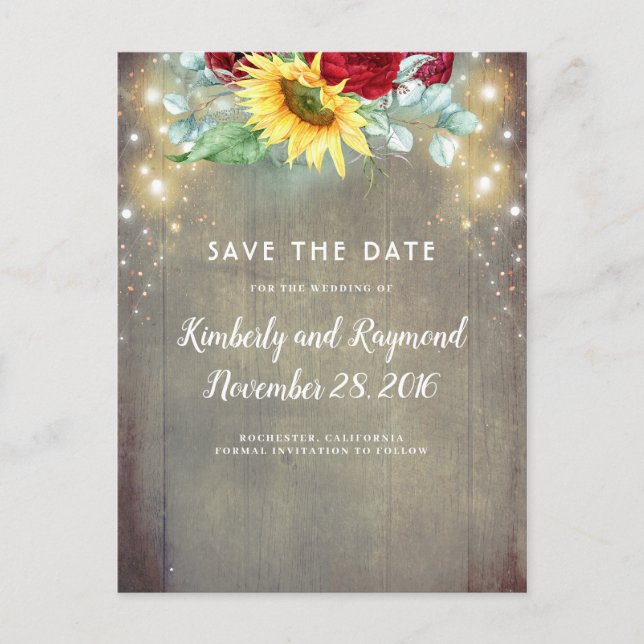 Sunflower and Burgundy Red Rose Fall Save the Date Announcement Postcard (Front)