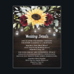 Sunflower and Burgundy Red Rose Rustic Wedding Enclosure Card<br><div class="desc">Design features a barn wood grain background decorated with a floral element at the top that consists of watercolor garden eucalyptus,  greenery,  burgundy red roses and a sunflower. Design also features twinkle string lights with country rustic lighted mason jars.</div>