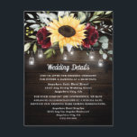 Sunflower and Burgundy Red Rose Rustic Wedding Enclosure Card<br><div class="desc">Design features a barn wood grain background decorated with a floral element at the top that consists of watercolor garden eucalyptus,  greenery,  burgundy red roses and a sunflower. Design also features twinkle string lights with country rustic lighted mason jars.</div>