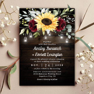 Sunflower and Burgundy Red Rose Rustic Wedding Invitation