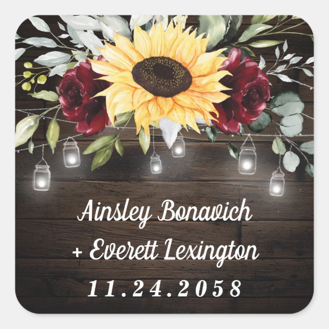 Sunflower and Burgundy Red Rose Rustic Wedding Square Sticker (Front)
