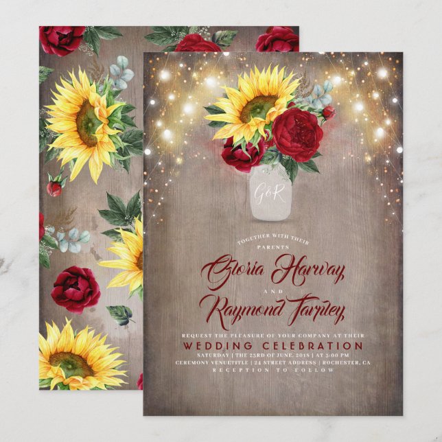 Sunflower and Burgundy Rose Mason Jar Fall Wedding Invitation (Front/Back)