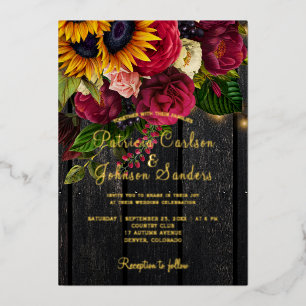 Sunflower and burgundy roses rustic fall wedding
