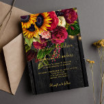 Sunflower and burgundy roses rustic fall wedding invitation<br><div class="desc">Elegant chic wedding stylish invitation template on dark brown barn wood featuring a beautiful yellow sunflower and red burgundy roses bouquet, strings of twinkle lights, and faux gold typography script. Easy to personalize with your details! The invitation is suitable for elegant autumn fall or summer rustic country outdoor backyard garden...</div>