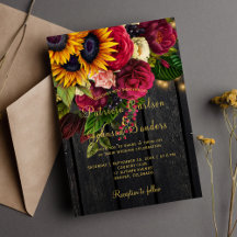 Sunflower and burgundy roses rustic fall wedding