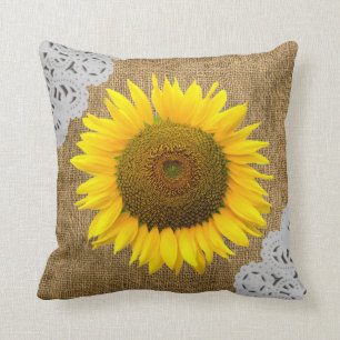 Sunflower and Burlap Texture Throw Pillow
