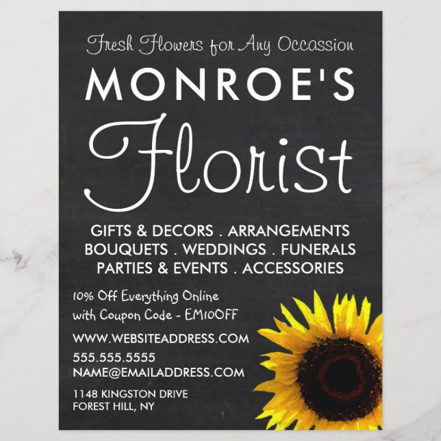 Sunflower and Chalkboard, Floristry Advertising Flyer (Front)