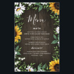Sunflower and Daisy Rustic Wood Wedding Menu Cards<br><div class="desc">Design features a brown barn wood background decorated with watercolor daisies,  sunflowers,  greenery,  eucalyptus,  baby's breath,  and lily of the valley.
You can use the template as is or add more meals,  desserts and more. This template is fully customizable.</div>